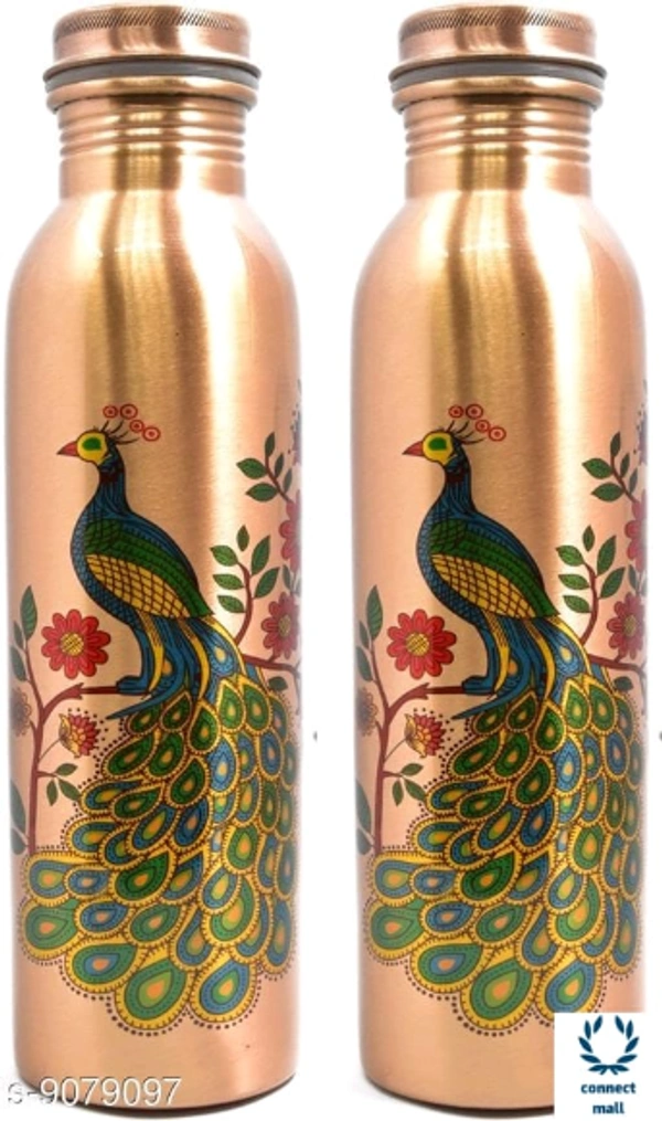 Indipot 100% Pure Copper Bottle With Peacock Print ForAyurvedic Health Benefits - Copper Water Bottle